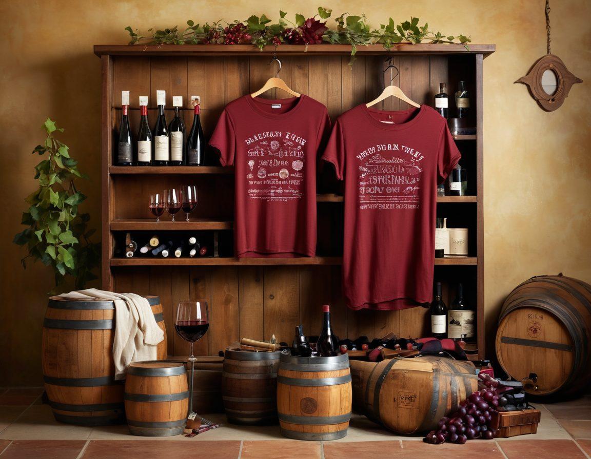 A stylish assortment of wine-themed clothing displayed creatively, including trendy tees and tops featuring whimsical wine graphics and witty quotes. The background is a cozy winery setting with barrels and vines, bathed in warm, inviting light. Add a glass of red wine elegantly placed beside the apparel. super-realistic. vibrant colors. cozy atmosphere.