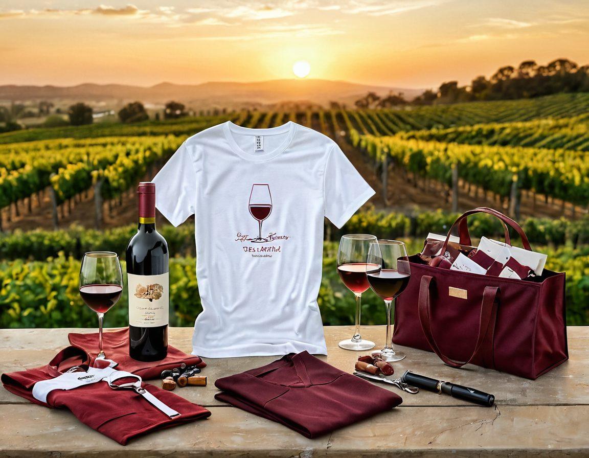 An elegant table setting featuring a variety of wine-themed apparel, such as a stylish wine-themed t-shirt and a chic wine tote bag, alongside beautifully wrapped gifts like wine glasses and corkscrew tools. The background showcases a vineyard at sunset, casting a warm glow over the scene. The composition should evoke a sense of sophistication and celebration. vibrant colors. super-realistic.